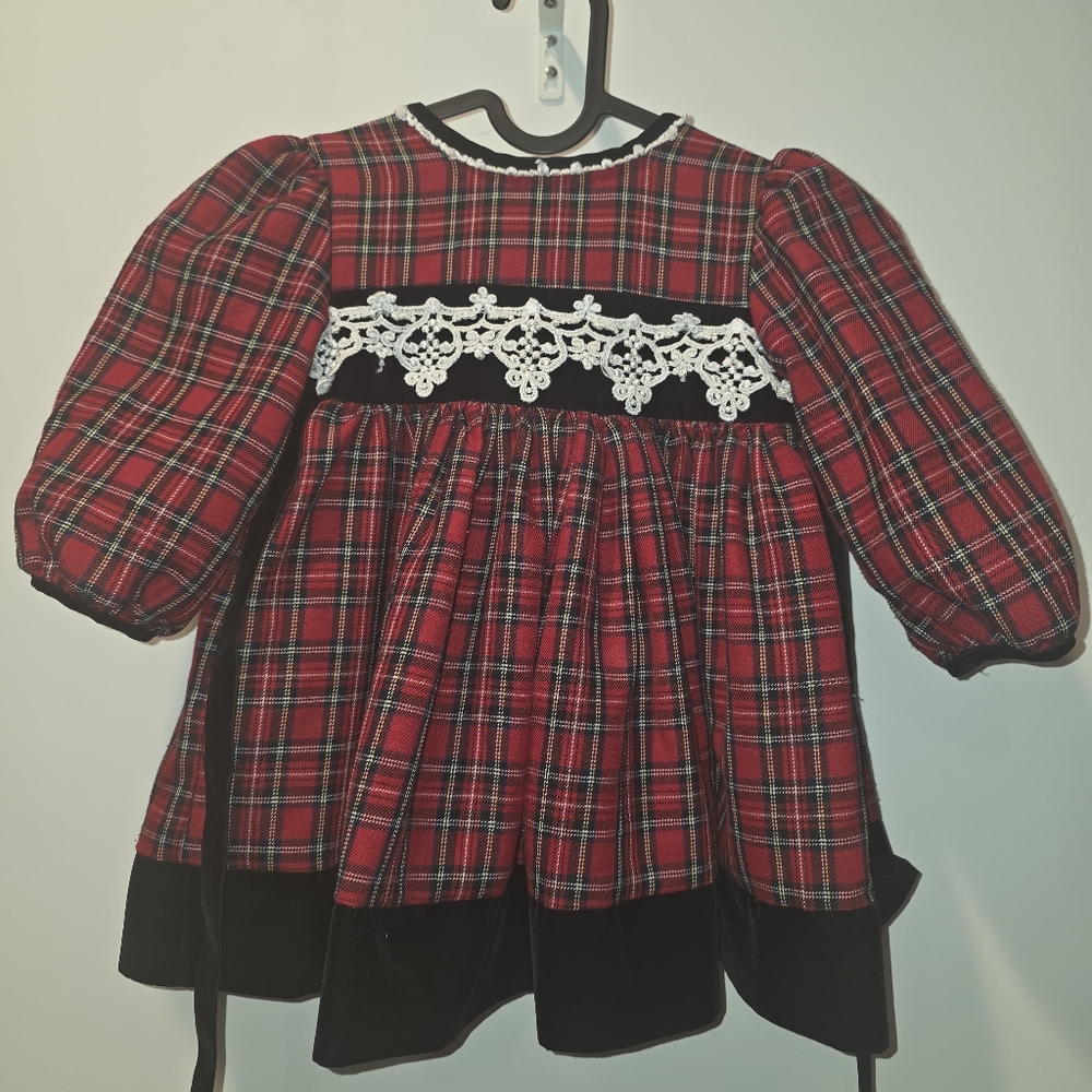 Red Plaid Baby Dress with Lace Detail